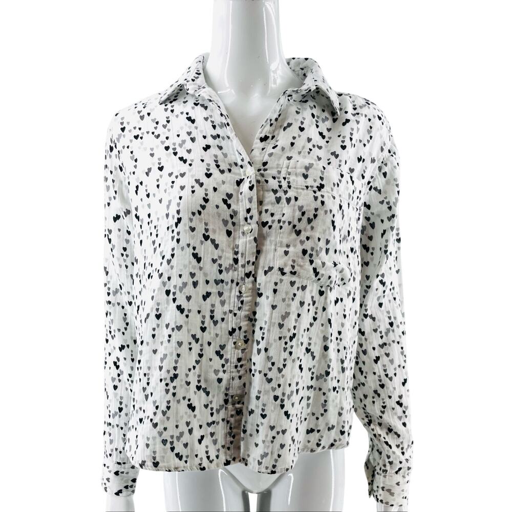 Beach Lunch Lounge Top Sz Small White Black Heart Print Loose Fit Button Up NEW